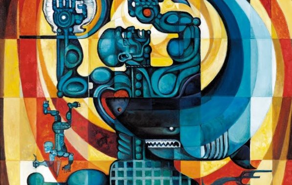 Cette image représente une composition colorée et stylisée, mélangeant des formes géométriques et des contours fluides. On y voit une figure centrale qui semble à la fois humaine et animale, levant une main tenant un objet circulaire. Les couleurs dominantes incluent des teintes de bleu, rouge et orange, créant un effet dynamique et vibrant. Le fond est constitué de motifs carrés et ondulés qui renforcent le sens de mouvement. L'œuvre évoque une expression symbolique, mêlant des éléments culturels et mythologiques.