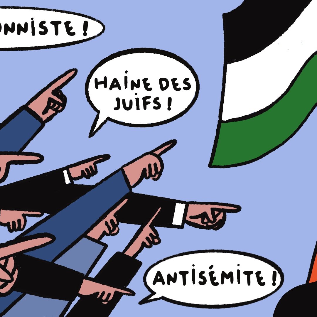 L'image montre des personnes qui pointent du doigt, chacune exprimant des accusations telles que "Négationniste !", "Haîne des Juifs !" et "Antisémite !". En arrière-plan, une personne brandit un drapeau palestinien. Le ton de l'image semble dénoncer des opinions ou des attitudes jugées peu acceptables.