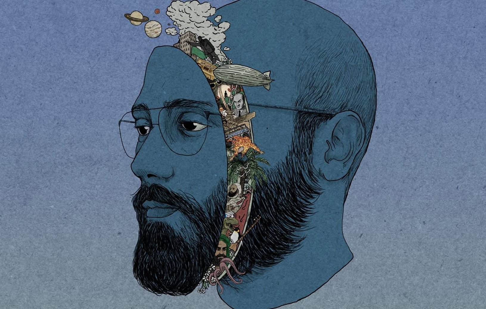 L'image représente un visage de profil, avec une tête de couleur bleue. Une série d'illustrations créatives se déploie à l'intérieur de la moitié de la tête, montrant des éléments naturels et fantastiques tels que des planètes, des nuages, des animaux marins, des objets variés et des scènes qui évoquent l'imagination et la découverte. Le contraste entre la tête monochromatique et les illustrations colorées donne un effet visuel intéressant et captivant. Un style artistique qui combine des aspects réalistes et surréalistes.