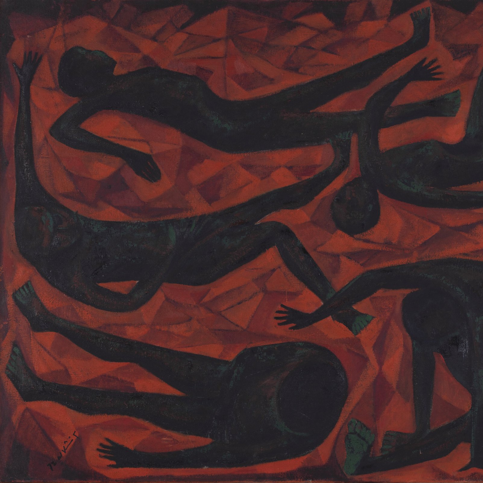 این تصویر به وضوح نمایانگر چندین شکل انسانی است که در حال حرکت یا شناور در فضایی Abstract و انتزاعی هستند. رنگ‌های غالب در این اثر شامل оттен‌های تیره و قرمز است که حس جنب و جوش و تنش را منتقل می‌کند. اشکال انسانی به صورت سیاه و در حالت‌های مختلف قرار دارند و فضای کلی کار احساسی شدید و ویرانگر را القا می‌کند. خطوط و فرم‌ها به اندازۀ کافی پیچیده و پویایی دارند که باعث می‌شوند بیننده به تفسیر حرکت و حالت‌های انسانی پرداخته و به درک عمیق‌تری از اثر برسد.