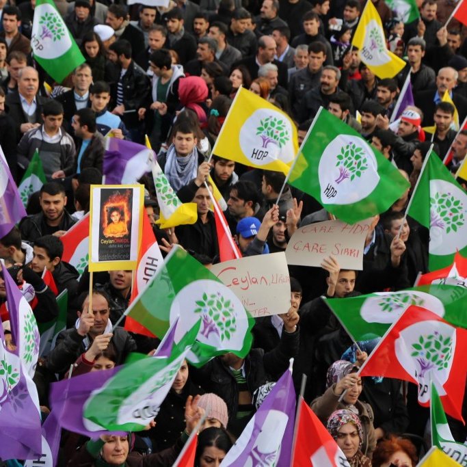 L'image montre une foule de manifestants brandissant des drapeaux colorés, principalement des couleurs violet, vert et rouge, qui semblent appartenir à un mouvement politique. Certaines personnes portent des affiches ou des pancartes. L'atmosphère semble dynamique et engagée, avec une concentration sur la participation collective. Les visages des manifestants sont variés et montrent un mélange de détermination et d'unité. Les drapeaux, avec des symboles, suggèrent une forte identité politique.