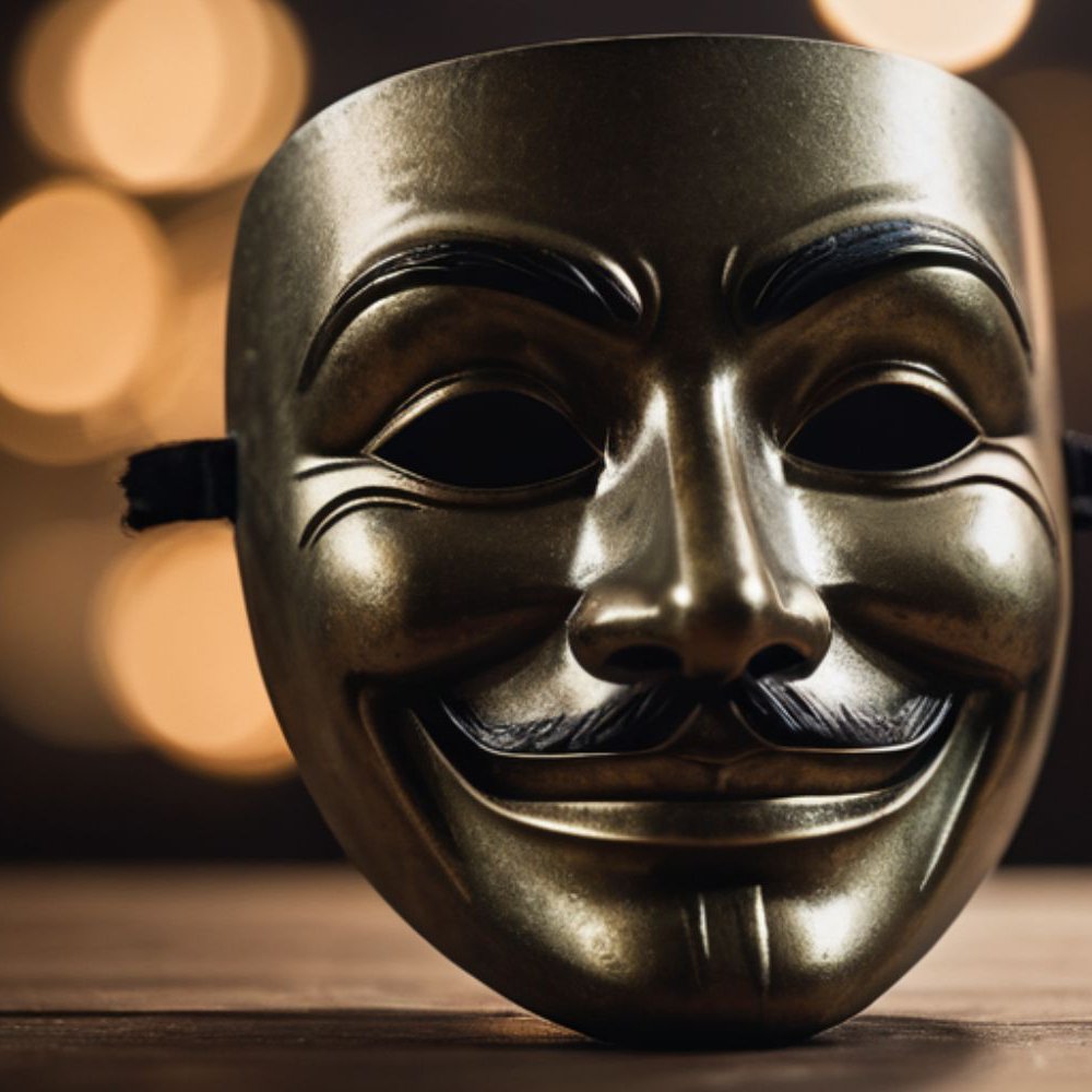 L'image montre un masque doré avec un sourire large et un moustachu distinctif. Le masque a des yeux en forme d'amande et une expression qui semble à la fois amicale et mystérieuse. En arrière-plan, on peut apercevoir des lumières floues qui créent une ambiance chaleureuse et festive. Le masque est placé sur une surface en bois, soulignant son aspect artistique et symbolique.