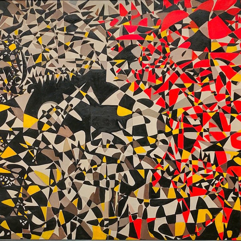 تظهر الصورة لوحة فنية تتميز بتداخل الألوان والأشكال الهندسية. تتكون من مناطق متباينة من الأشكال، حيث يتواجد في الجانب الأيسر تدرجات من الأصفر والأسود، بينما يسيطر الأحمر والأبيض والأسود على الجانب الأيمن. تعكس اللوحة تعقيدًا بصريًا وحيوية في التكوين، مما يجذب الأنظار ويثير الفضول حول تفاصيلها.