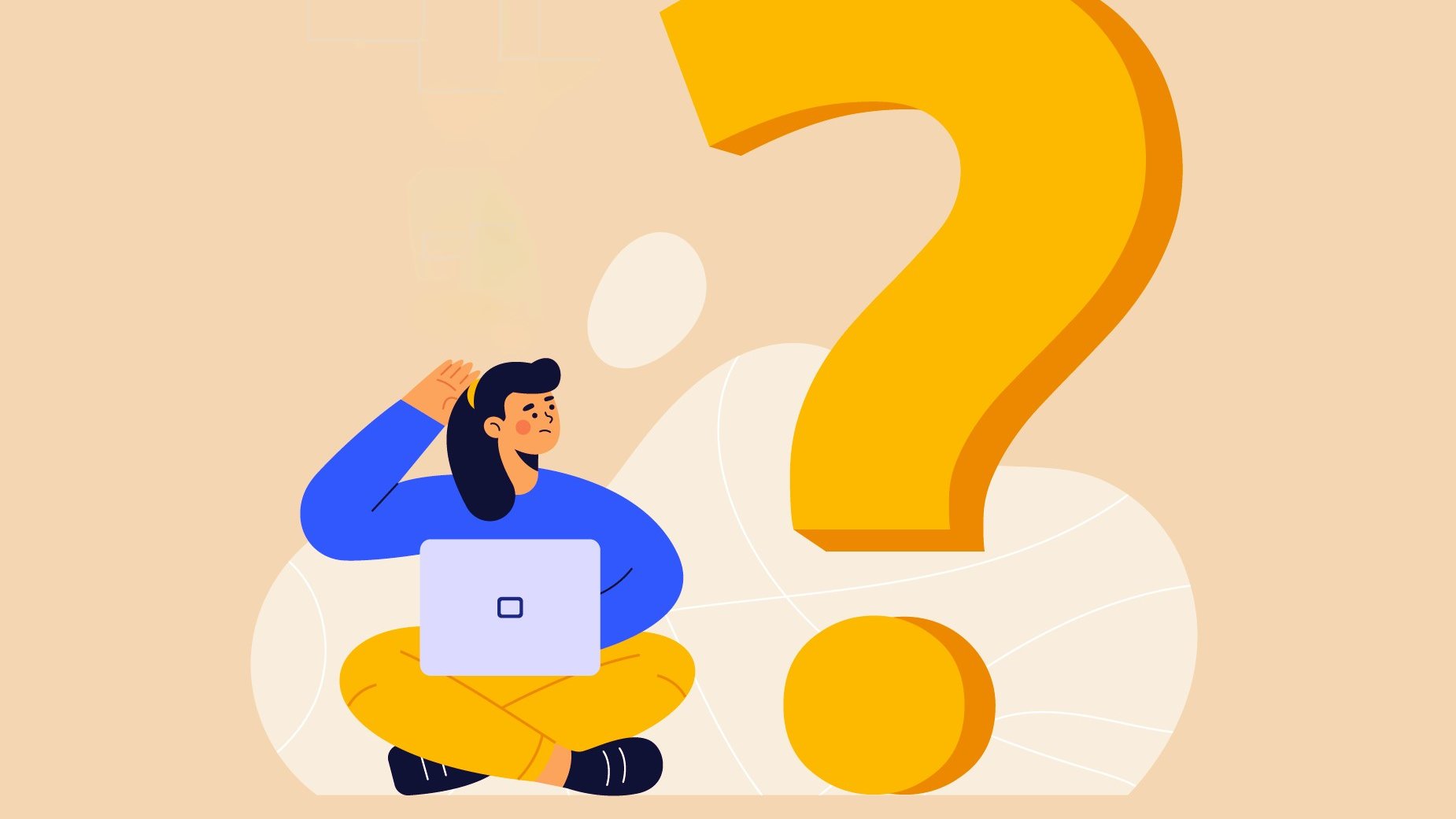 L'image représente une personne assise en tailleur, utilisant un ordinateur portable. Elle semble contemplative, se tenant la tête avec une main, ce qui suggère qu'elle se pose des questions. À côté d'elle se trouve un grand point d'interrogation jaune, symbolisant l'incertitude ou la curiosité. L'arrière-plan est de couleur beige, avec des formes abstraites qui ajoutent une touche moderne à la scène.