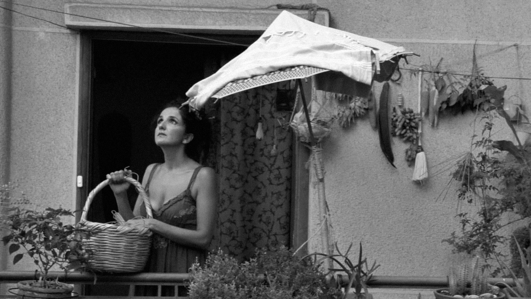 در تصویر، زنی در بالکن ایستاده و سبدی در دست دارد. او به نظر می‌رسد در حال نگاه کردن به بیرون است. بالکن پر از گیاهان و گل‌هاست و سایه‌بان کوچکی نیز بالای سرش وجود دارد. فضای تصویر به‌صورت سیاه و سفید است که به آن حس قدیمی و عاشقانه‌ای می‌دهد. دیوارهای اطراف ساده و بدون تزئینات هستند. این تصویر احساس تنهایی و تأمل را القا می‌کند.