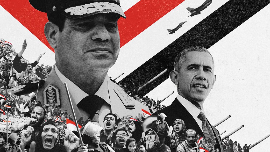 The image features a juxtaposition of two prominent figures: a military general and a political leader, positioned against a backdrop of striking red, black, and white colors. The general is depicted in a military uniform, likely symbolizing authority and power, while the political leader, who appears to be more formal, suggests diplomacy and governance. In the lower part of the image, there are crowds of people holding banners and raising their fists, indicating a sense of protest or social movement. Additionally, there are airplanes or missiles in the background, which may imply themes of conflict or intervention. Overall, the image conveys a sense of political tension and contrasting leadership styles.