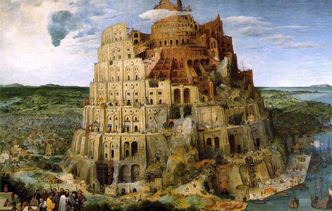 L'image représente la célèbre peinture de Pieter Bruegel l'Ancien intitulée "La Tour de Babel". On y voit une immense construction en spirale, symbolisant une tour inachevée qui atteint le ciel. La tour est dotée de nombreux niveaux avec des arcs et des fenêtres, et elle est entourée de paysages divers, y compris des villes et des corps d'eau. Plusieurs personnages sont visibles au premier plan, parmi lesquels des ouvriers qui semblent travailler à la construction de la tour. L'atmosphère est à la fois majestueuse et tragique, évoquant la chute de l'ambition humaine. Les cieux sont partiellement nuageux, ajoutant une dimension dramatisée à la scène.