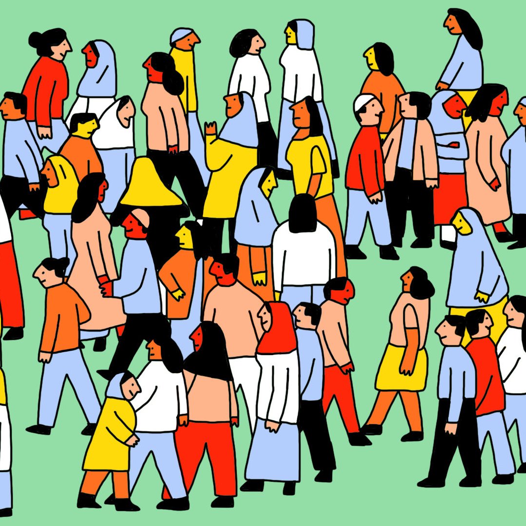 L'image représente un grand groupe de personnes de différentes tailles, formes et vêtements, évoluant dans un environnement coloré. Elles se déplacent dans diverses directions sur un fond vert. Les personnages sont dessinés dans un style graphique simple et accrocheur, avec des couleurs vives. Certaines personnes portent des vêtements traditionnels, tandis que d'autres affichent un style plus moderne. Cette scène évoque une atmosphère dynamique et animée, illustrant la diversité et l'interaction sociale.