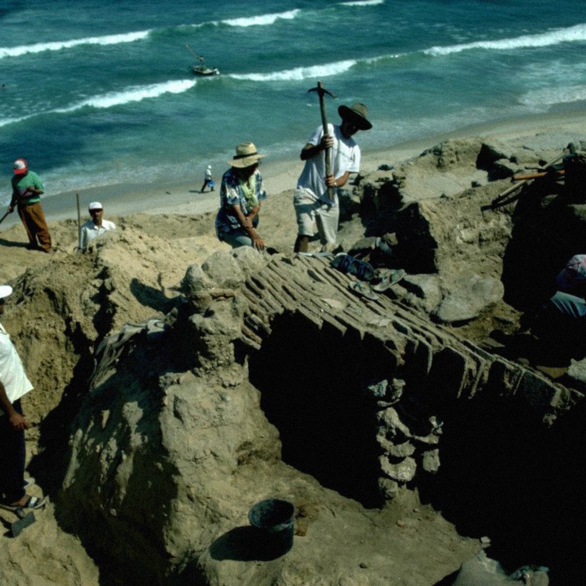 Des archéologues creusent sur une plage, entourés de sable et de vagues.