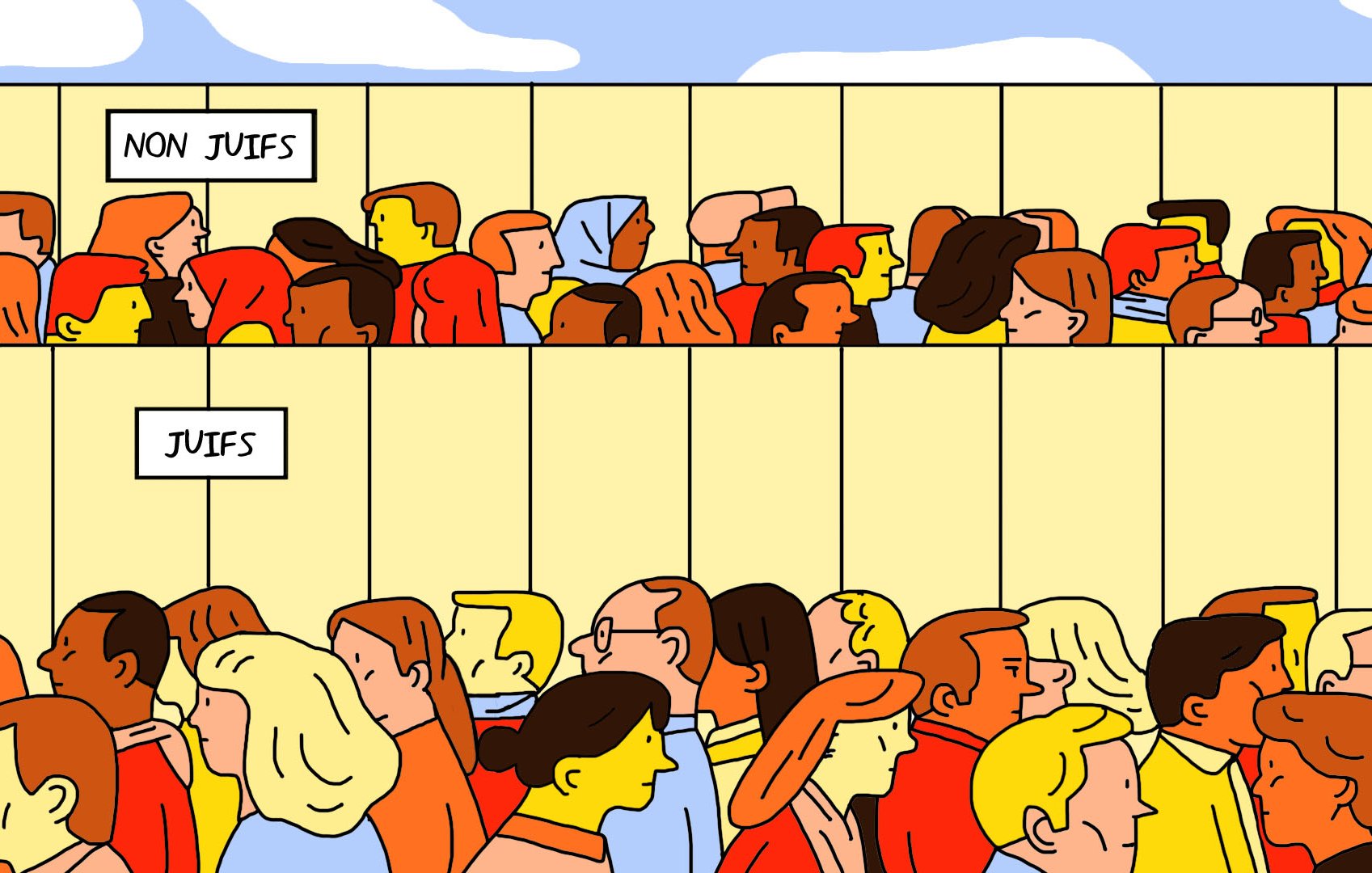 L'image montre une foule de personnes divisée en deux sections. En haut, il y a un panneau indiquant "NON JUIFS" et en bas, un autre panneau indiquant "JUIFS". La scène présente différentes personnes dans chaque section, chacune avec des caractéristiques distinctes. L'illustration semble aborder un thème de séparation ou de distinction entre groupes.
