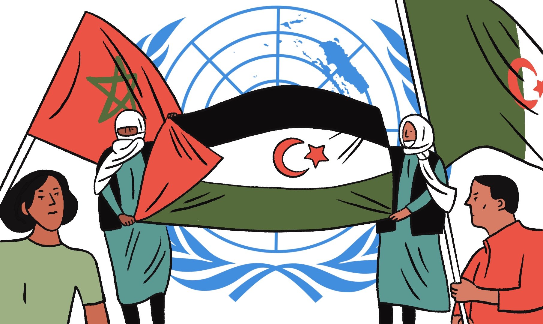 The image features a group of individuals holding a large flag that prominently displays a green field with a white crescent and star in the center, flanked by flags of Morocco and Algeria. In the background, there is a representation of the United Nations emblem. The individuals are dressed in various outfits, including some wearing headscarves, indicating diverse representation. The scene may symbolize a political or cultural statement related to the countries depicted.