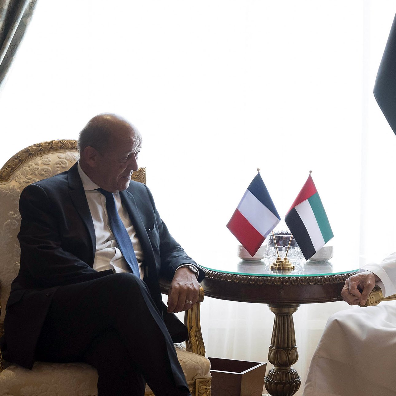 در این تصویر، دو نفر در یک محیط رسمی نشسته‌اند. یکی از آنها که لباس رسمی پوشیده است، به سمت چپ تصویر قرار دارد و به نظر می‌رسد مسئول یا مقام دولتی از فرانسه باشد. فرد دیگر که لباس سنتی عربی را بر تن دارد، به سمت راست تصویر نشسته و به نظر می‌رسد که مقام بلندپایه‌ای از امارات است. در میان آنها، دو پرچم، یکی از فرانسه و دیگری از امارات متحده عربی، بر روی میزی کوچک قرار دارد. فضای اتاق، با پرده‌های زیبا و تزئینات سلطنتی، حاکی از یک ملاقات دیپلماتیک است.