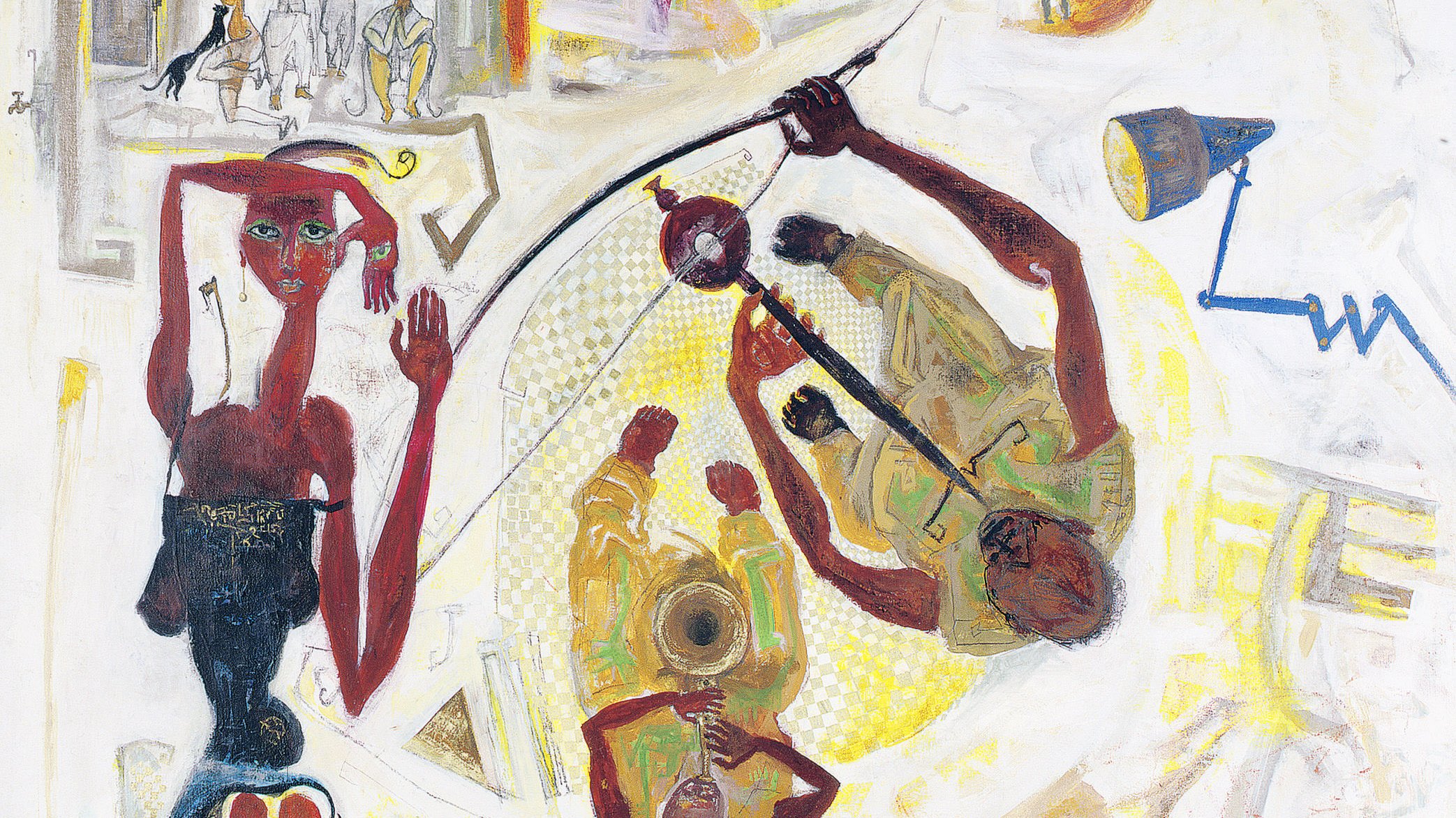 L'image présente une composition artistique riche en couleurs et en formes abstraites. On y voit des figures humaines stylisées, certaines en mouvement, avec des éléments géométriques et des motifs entrelacés. Les couleurs dominantes incluent des teintes vives comme le rouge, le jaune et le noir, qui créent une atmosphère dynamique. Les personnages semblent engagés dans des activités variées, évoquant un mélange de culturelle et d'émotion. L'ensemble de l'œuvre dégage une impression de mouvement et d'énergie, tout en laissant place à l'interprétation personnelle.