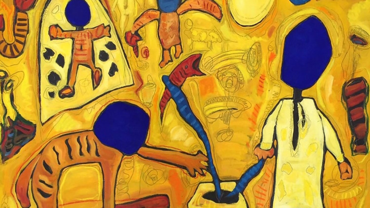 L'image présente une scène artistique vibrante remplie de couleurs chaudes, dominées par des jaunes et des oranges. On y voit des figures humaines stylisées avec des têtes rondes bleues et des corps simplifiés. L'une des figures semble interagir avec un objet au centre de la composition, tandis qu'une autre figure se trouve à l'arrière-plan. Des motifs et symboles abstraits, tels que des silhouettes et des formes géométriques, enrichissent le décor, créant une ambiance à la fois dynamique et mystérieuse. L'ensemble évoque un sens de la créativité et de l'imaginaire.