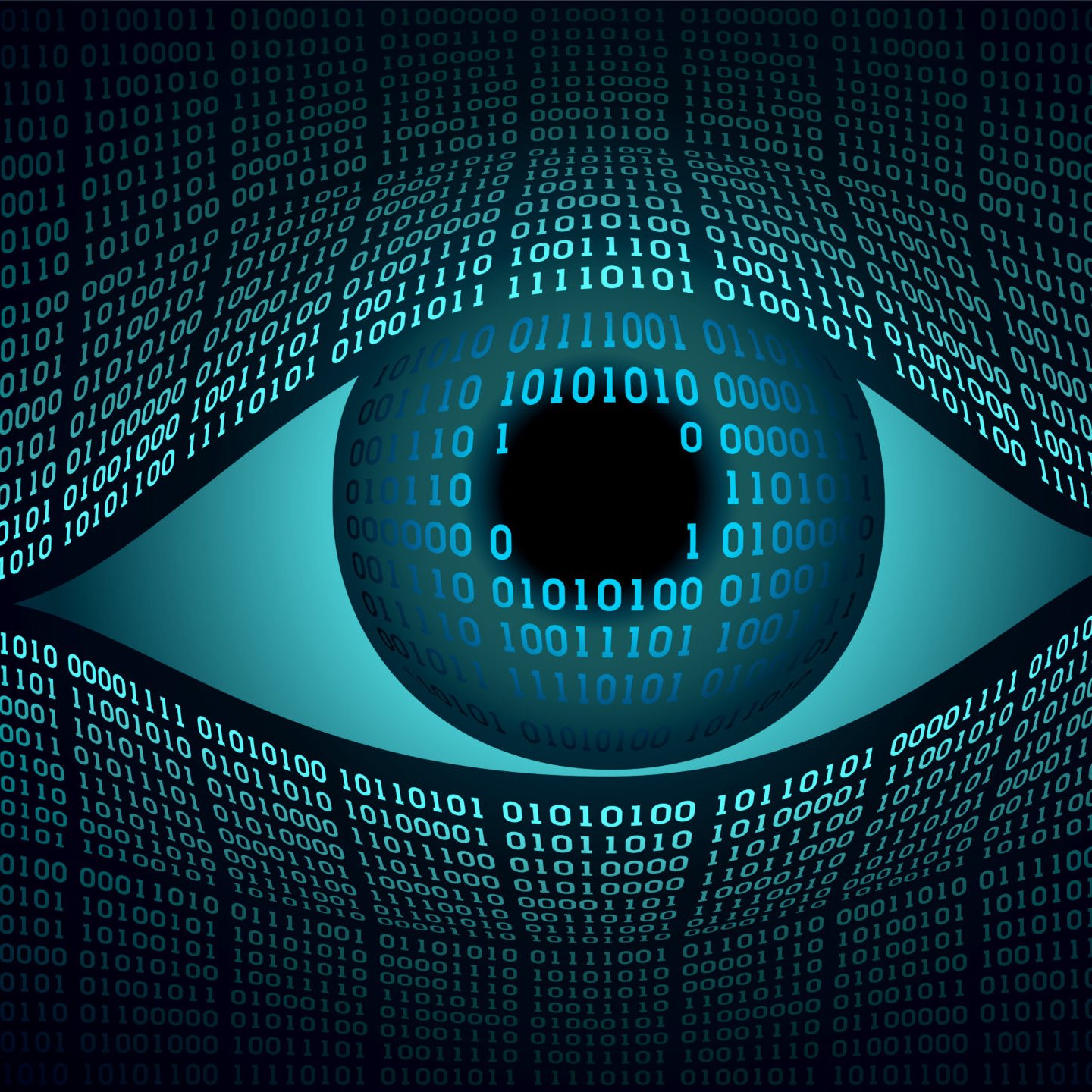 تظهر الصورة عينا كبيرة في منتصفها، محاطة بأرقام ثنائية (صفر وواحد) تتكرر بشكل متداخل. تُعبر الألوان الزرقاء والسوداء عن أجواء تقنية وعصرية، مما يعكس فكرة المعلومات والبيانات. العين تركز على رؤية أو مراقبة البيانات الرقمية، مما يوحي بإحساس بالتكنولوجيا والمعلوماتية.