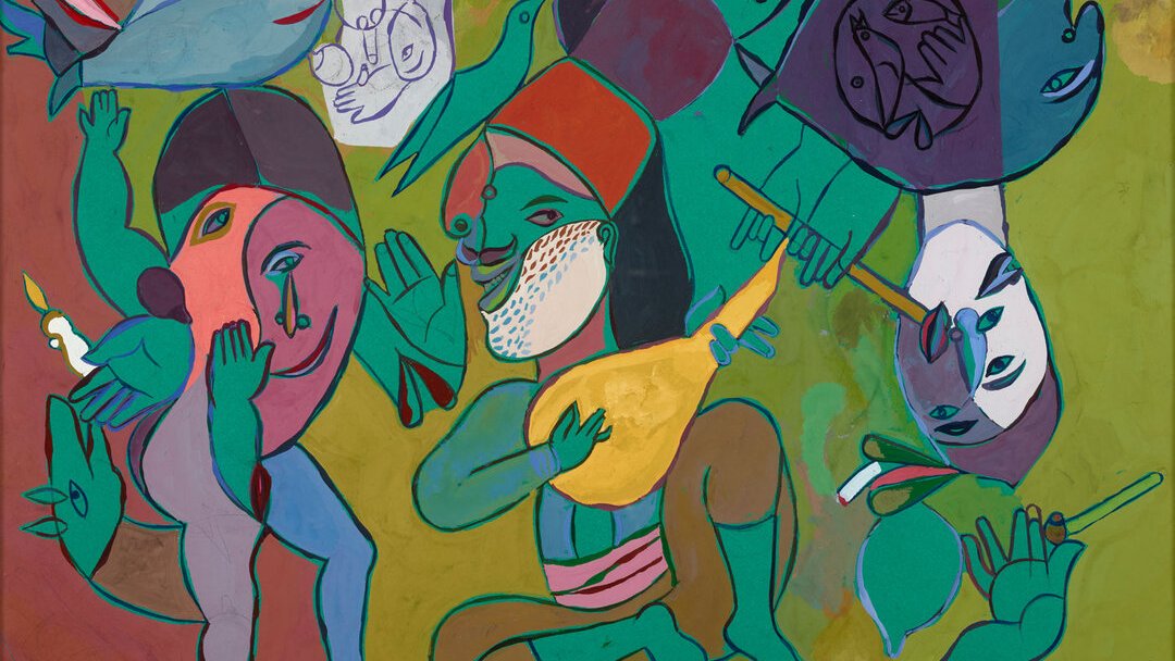 L'image présente une scène vibrante et colorée, remplie de formes abstraites et stylisées. On y voit des figures humaines aux traits exagérés, certains jouant des instruments de musique. Les personnages sont représentés dans des couleurs vives comme le vert, le rouge et le bleu, créant une atmosphère festive. Des éléments naturels comme des poissons et des oiseaux complètent la composition, ajoutant une touche de vie et de mouvement. L'ensemble transmet une sensation de joie et d'harmonie.