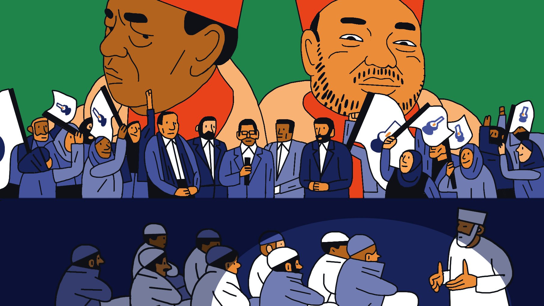 L'image présente deux parties distinctes. Dans la partie supérieure, on voit deux personnages au regard imposant, portant des chapeaux rouges, entourés d'un groupe de personnes qui semblent célébrer ou exprimer leur soutien. Ces personnes sont habillées en costumes formels et tiennent des drapeaux ou des pancartes. Dans la partie inférieure, un groupe de personnes est assis en cercle, vraisemblablement en train d'écouter un individu qui se tient debout et leur parle. Ces personnes sont vêtues de manière plus traditionnelle, et l'atmosphère semble différente, peut-être plus sérieuse ou contemplative. L'arrière-plan de la partie inférieure est sombre, tandis que la partie supérieure est colorée et dynamique.