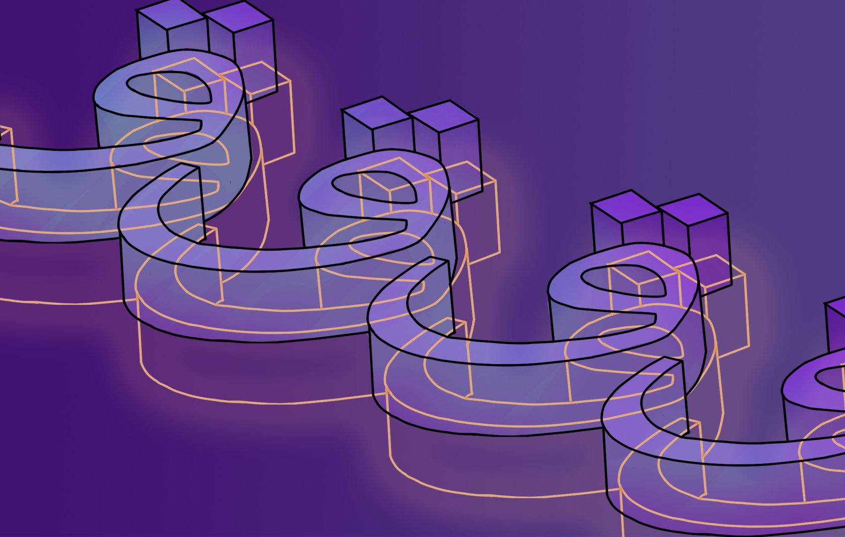 L'image présente une composition graphique avec des formes en 3D stylisées, formant une série de courbes et de structures géométriques. Les éléments ont une apparence translucide avec des contours lumineux, créant un effet de profondeur. Le fond est d'une teinte violette dégradée, ajoutant une ambiance dynamique à l'ensemble. Les formes semblent évoquer un motif répétitif et fluide, ce qui renforce une impression de mouvement.