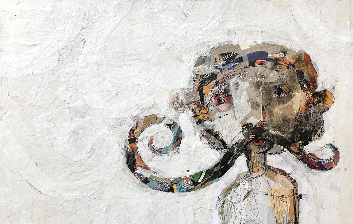 L'image représente un personnage stylisé avec des traits exagérés, notamment une grande moustache enroulée. Le fond est texturé et de couleur claire, tandis que le personnage est formé de collages et de couleurs variées, donnant une impression artistique et moderne. Les yeux et les autres détails du visage sont simplifiés, mais ajoutent une certaine expressivité à l'ensemble de l'œuvre.