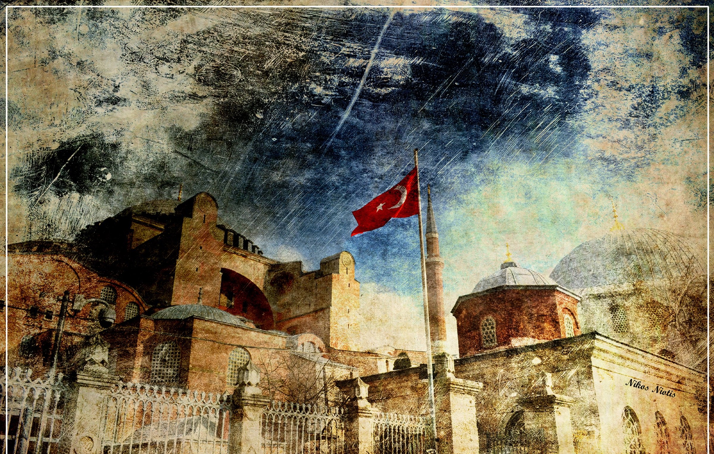 تصویر نشان‌دهنده یک ساختمان تاریخی با معماری خاص است که به نظر می‌رسد نمایی از ایاصوفیه (حاجیا صوفیا) در استانبول باشد. در جلو، پرچم ترکیه بر روی ستونی نصب شده و زمینه آسمان با ابرهای غلیظ و رنگی شده است. بافت تصویر به نظر می‌رسد که دارای افکت‌هایی است که حس قدیمی بودن و تاریخی بودن را القا می‌کند. معماری ساختمان با جزئیات زیبایی طراحی شده و فضای کلی تصویر حالتی شاعرانه و تاریخی دارد.