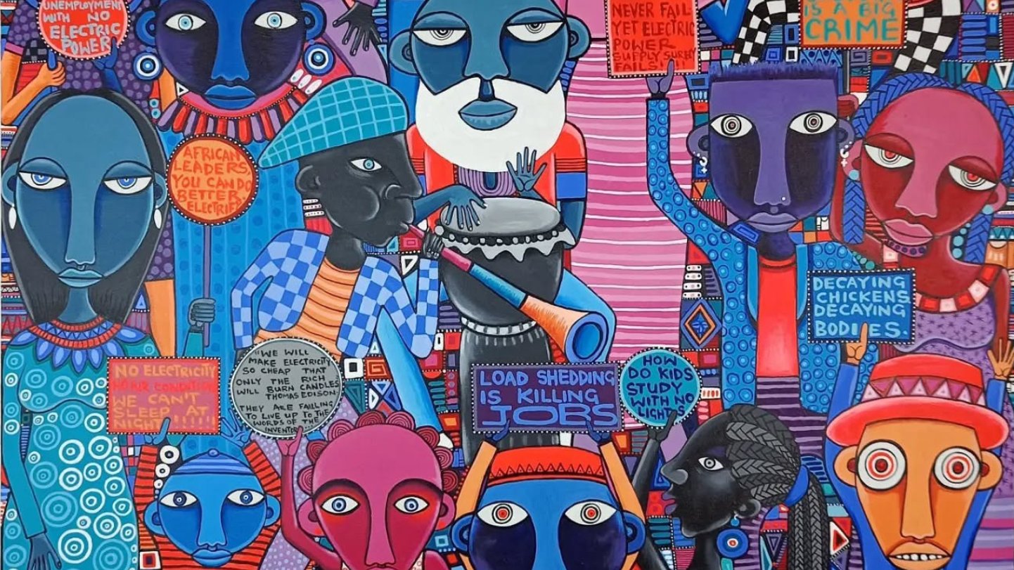 Une œuvre colorée avec des visages stylisés et des messages sociaux percutants.