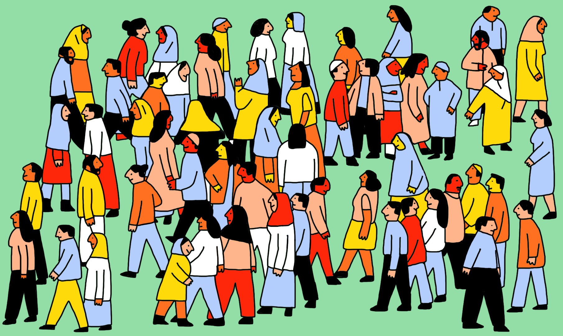 L'image représente un grand groupe de personnes de différentes tailles, formes et vêtements, évoluant dans un environnement coloré. Elles se déplacent dans diverses directions sur un fond vert. Les personnages sont dessinés dans un style graphique simple et accrocheur, avec des couleurs vives. Certaines personnes portent des vêtements traditionnels, tandis que d'autres affichent un style plus moderne. Cette scène évoque une atmosphère dynamique et animée, illustrant la diversité et l'interaction sociale.