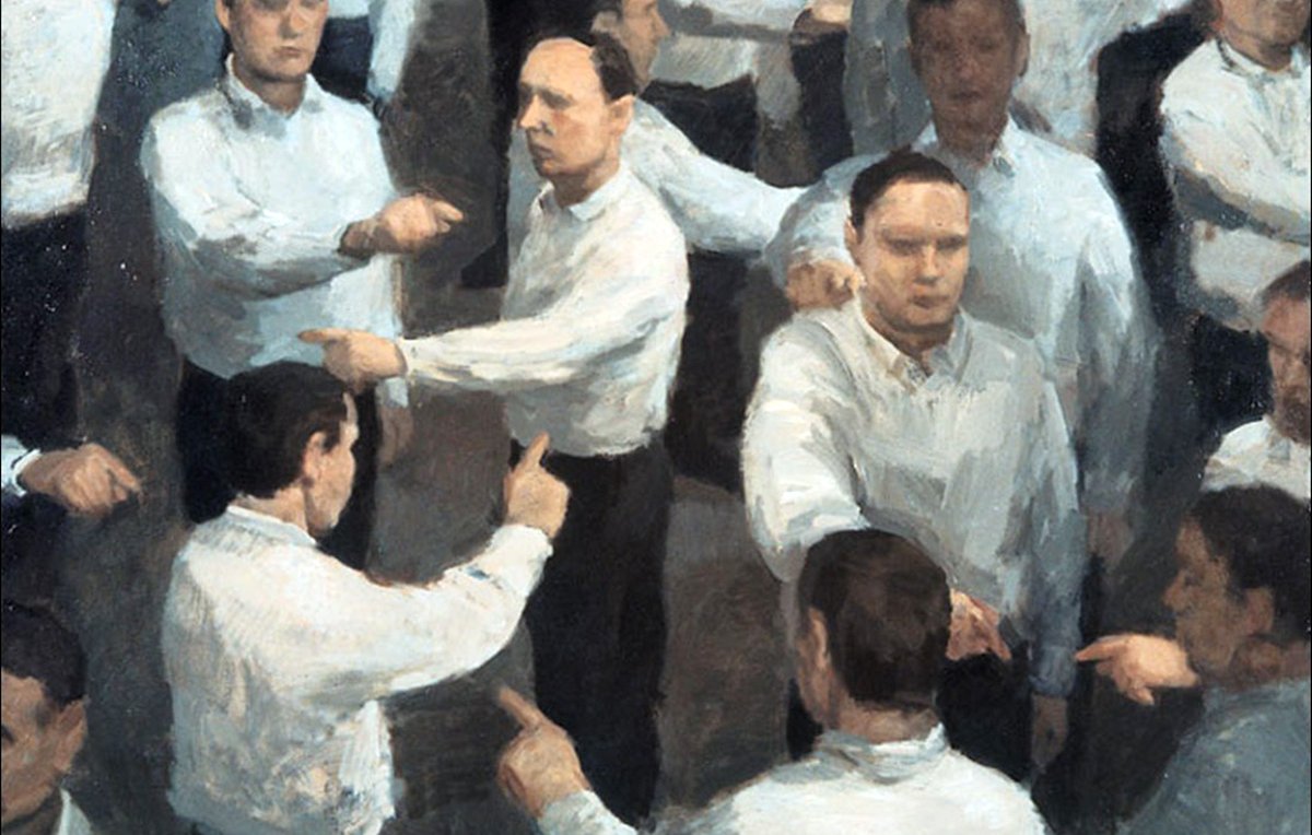 L'image semble représenter un ensemble de figures humaines en costume blanc, chaque figure semblant interagir avec les autres dans une sorte de dialogue visuel. Les personnages affichent des gestes similaires, comme pointer du doigt, ce qui crée une dynamique d'échange ou de confrontation. Le style de peinture donne une impression de mouvement et de complexité dans les relations entre les figures. L'ensemble est à la fois fascinant et déroutant, suggérant des thèmes de communication et d'interaction humaine.