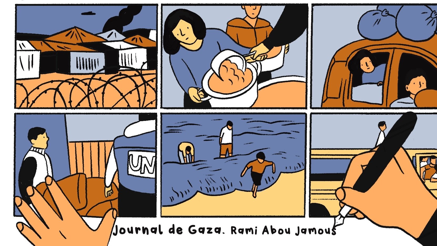 L'image représente une série de six vignettes illustrant des scènes de la vie à Gaza. On y voit des camps, des personnes qui distribuent de la nourriture, des interactions entre les habitants et des membres de l'ONU. D'autres vignettes montrent des enfants jouant sur la plage et une main qui écrit, suggérant un journal intime ou des notes sur la situation. L'ensemble évoque les défis et la résilience des habitants de Gaza.