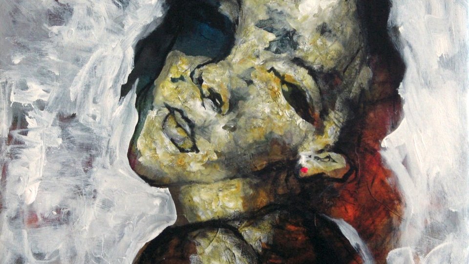 L'image représente une œuvre abstraite d'une figure humaine, avec des traits expressifs et des couleurs mélangées principalement dans des nuances de gris, de noir et de touches de rouge. Le visage semble légèrement penché, et l'expression transmet une certaine profondeur émotionnelle. Les textures sont riches, créant un effet dynamique et captivant. Le style évoque une interprétation moderne, laissant place à l'imagination du spectateur. Les contours sont flous, ce qui ajoute à l'aspect mystérieux de la composition.