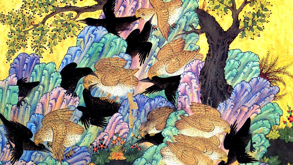 Cette image représente une scène vibrante et colorée d'oiseaux parmi des rochers stylisés et des arbres. Les oiseaux, avec des plumes dorées et noires, volent à travers un paysage de formations rocheuses aux teintes variées, allant du bleu au violet. L'arrière-plan est d'un jaune éclatant, ajoutant une dimension chaleureuse à l'ensemble. Des touches de verdure et de fleurs sont également présentes, créant un contraste harmonieux avec la palette colorée. Cette œuvre évoque une ambiance paisible et vivante de la nature.