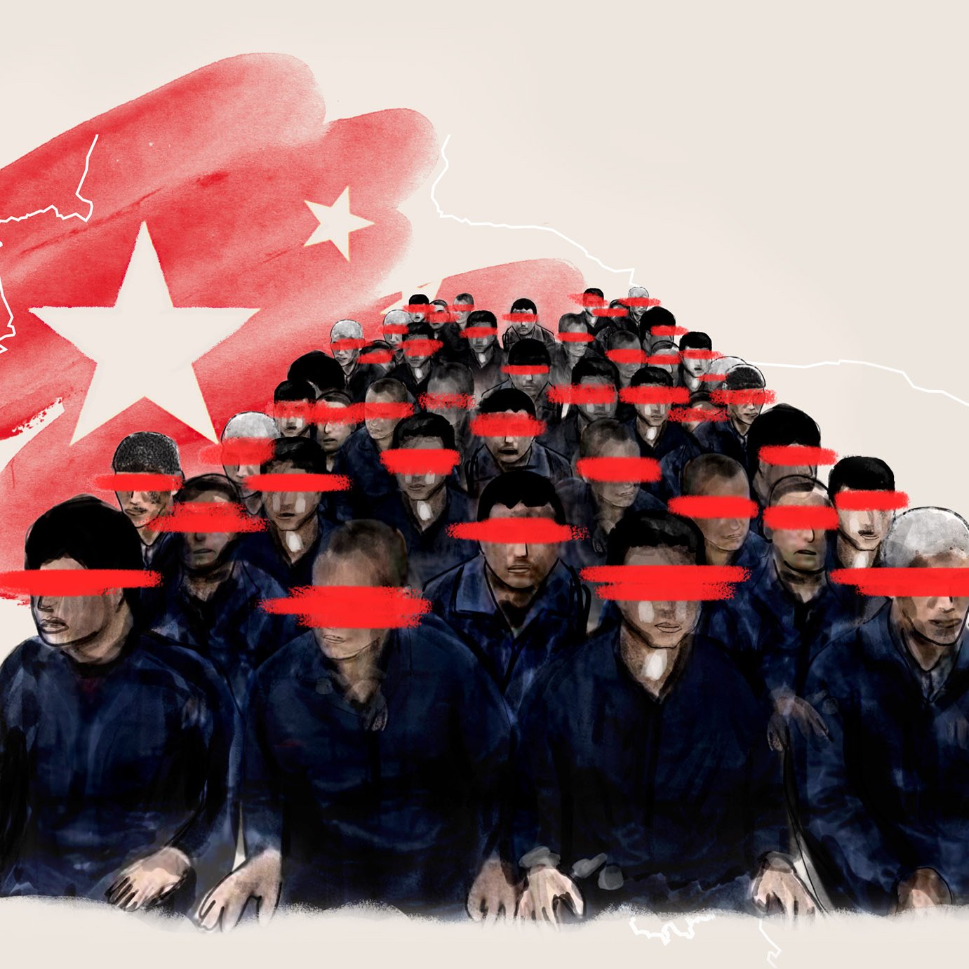تظهر الصورة مجموعة من الأشخاص يجلسون في صفوف، مع تغطية عيونهم بخطوط حمراء. الخلفية تحتوي على علم الصين وخرائط بشكل فني، مما يوحي بموضوع يتعلق بحقوق الإنسان أو قضايا اجتماعية في الصين. تعكس الصورة شعورًا بالاحتجاز أو القمع، حيث يفتقر الأفراد إلى هويتهم وحرية التعبير.