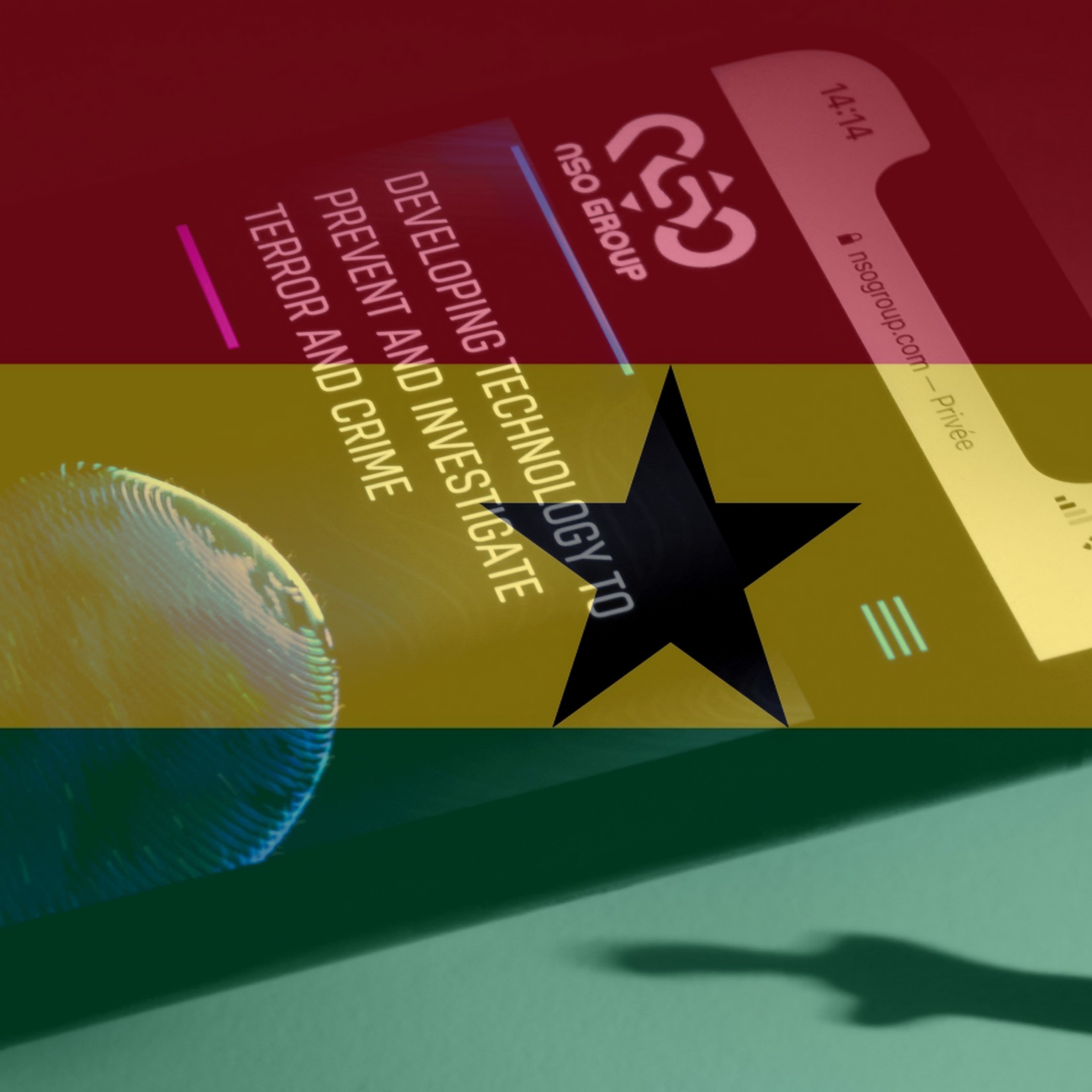 The image features a smartphone with a screen displaying text related to technology used for investigating terror and crime. The background colors are blended in a way that resembles the flag of Ghana, with a prominent black star in the center. A shadow of a person is visible in the foreground, creating a sense of depth and intrigue.