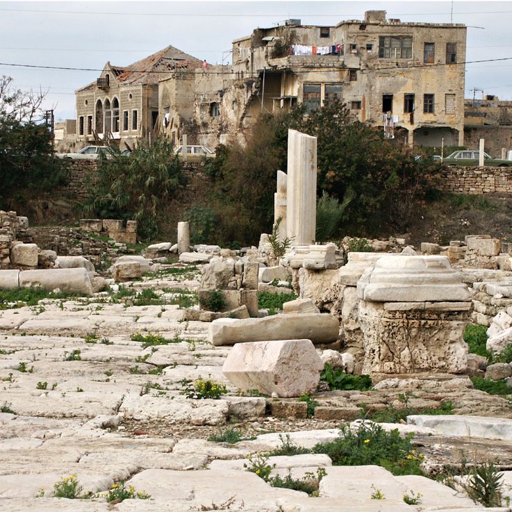 L'image montre un site archéologique avec des ruines anciennes. On peut voir des colonnes et des blocs de pierre, certains sont en désordre, tandis que d'autres semblent être en place. En arrière-plan, il y a des bâtiments plus récents, probablement des habitations, qui contrastent avec les vestiges historiques. La végétation est présente autour des pierres, avec des herbes et des fleurs qui poussent dans les fissures. L'ensemble évoque un mélange de l'histoire ancienne et de la vie moderne.