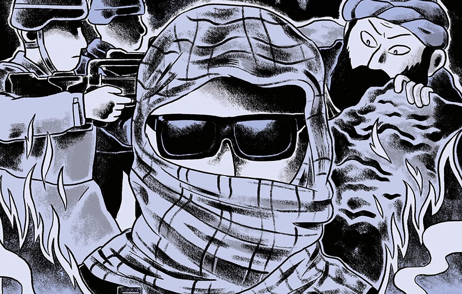 L'image présente une scène dramatique et évocatrice. Au premier plan, on voit une personne masquée portant des lunettes de soleil, entourée d'une ambiance tendue. À l'arrière-plan, deux figures en uniforme sont visibles, probablement des soldats, tandis qu'une autre silhouette semble être un combattant, ajoutant à l'atmosphère de conflit. Le paysage urbain en bas est en ruines, avec des volutes de fumée, suggérant un environnement de guerre ou de chaos. Les couleurs sombres et les contrastes accentuent la gravité de la situation.