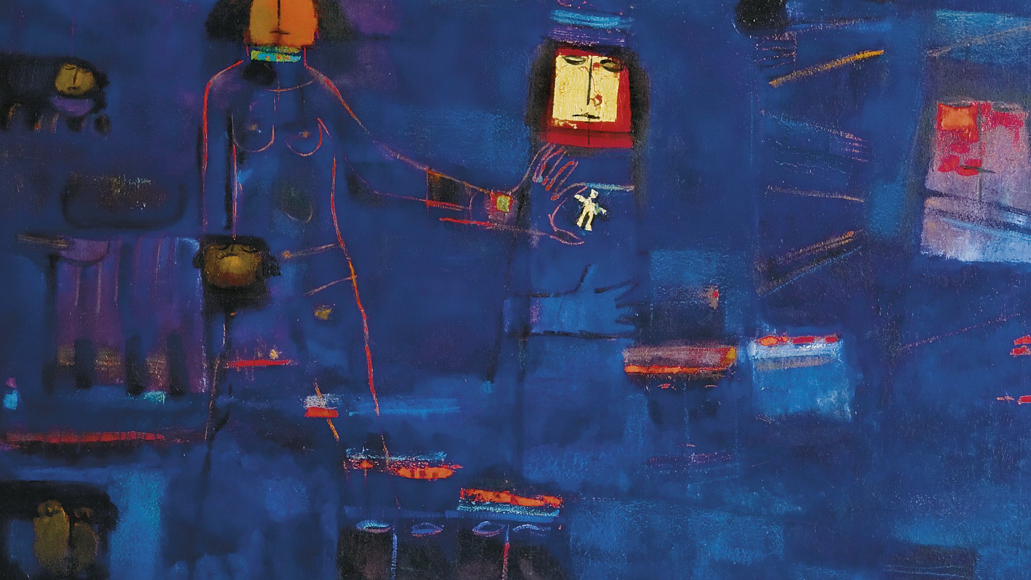 Cette image représente une composition artistique abstraite, dominée par des tons de bleu. On peut y voir des formes humaines stylisées, suggérant deux figures qui se tiennent près l'une de l'autre. L'arrière-plan est riche en textures, et des touches de couleurs chaudes ajoutent de la profondeur. Les formes semblent flotter dans un espace sans profondeur, créant une atmosphère rêveuse et contemplative. L'œuvre évoque des thèmes d'intimité et de connexion, tout en utilisant des éléments abstraits qui laissent place à l'interprétation personnelle.