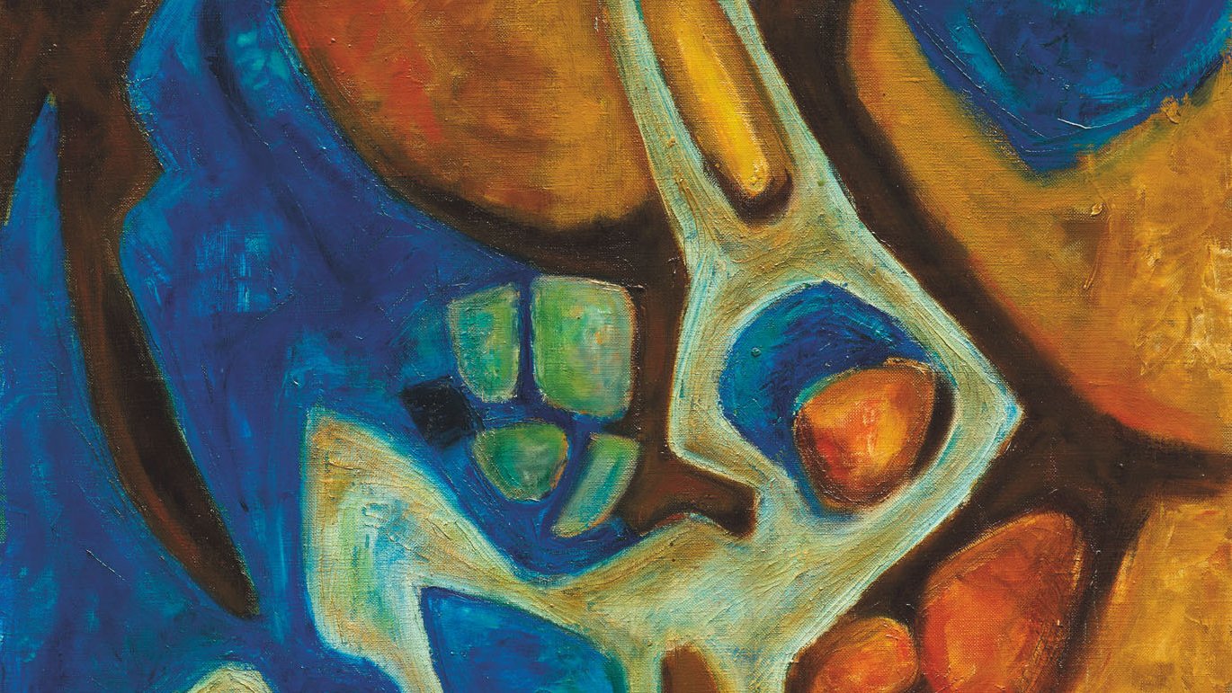 L'image présente une œuvre abstraite, composée de formes organiques et de couleurs vibrantes. Les tons de bleu, orange et marron se mélangent harmonieusement. Les lignes fluides créent un mouvement dynamique à travers la toile, tandis que des zones de couleurs contrastées attirent l'œil. L'ensemble dégage une impression de profondeur et de texture, invitant à l'interprétation personnelle.