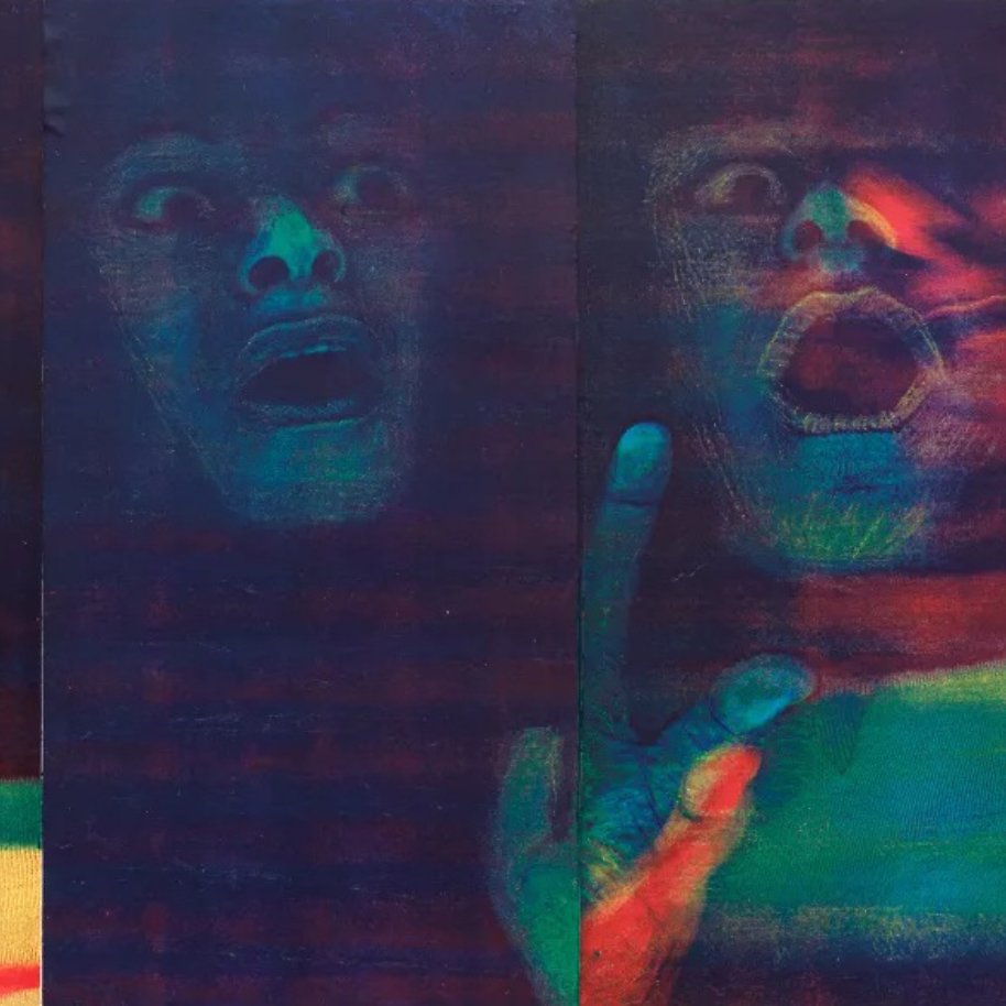 Visages aux expressions saisies dans des couleurs vives, évoquant une émotion forte.