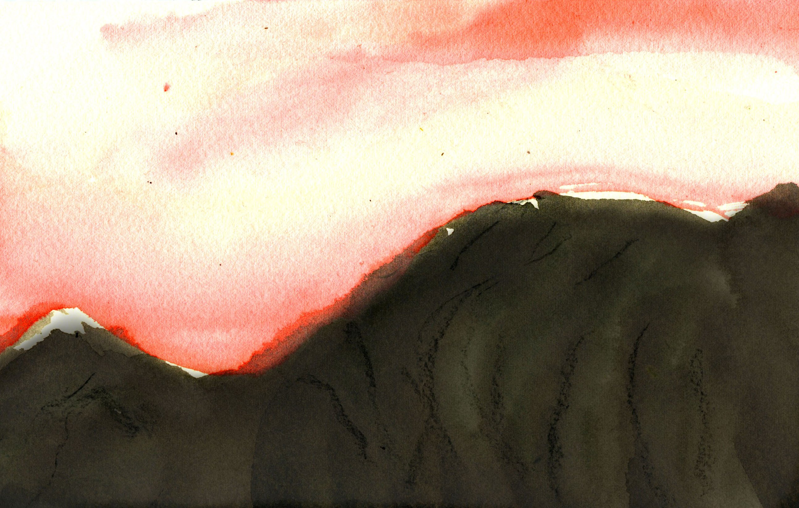 La imagen muestra un paisaje pintado con acuarela que representa montañas en la parte inferior, con tonos oscuros y contornos suaves. En la parte superior, hay un cielo teñido de rosa y naranja, sugiriendo un atardecer. La mezcla de colores crea una atmósfera tranquila y serena.