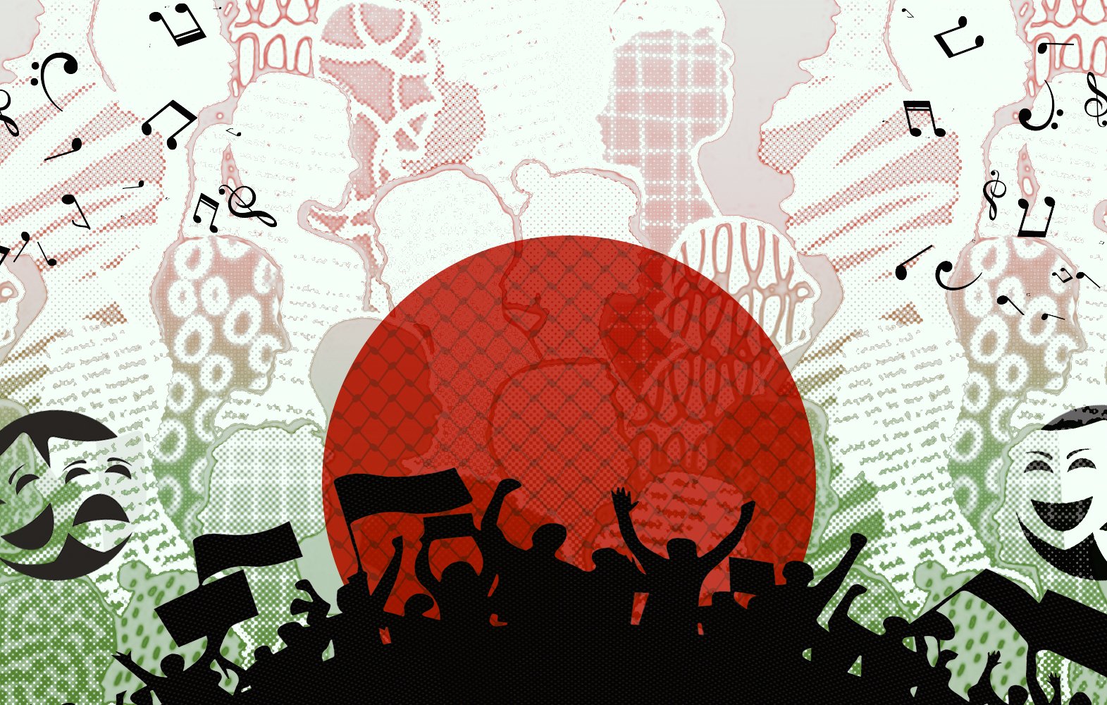 Un groupe de personnes chantant, avec un grand symbole circulaire rouge en arrière-plan.