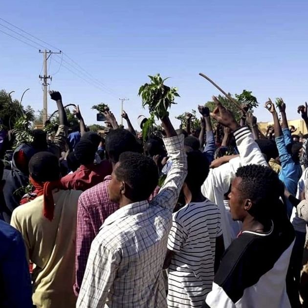 تظهر في الصورة مجموعة من الأشخاص في تجمع حاشد، يرفعون أيديهم في الهواء. يبدو أن بعضهم يحملون أغصانًا أو نباتات. السماء واضحة وزرقاء، مما يشير إلى أن الوقت قد يكون في النهار. يظهر في الخلفية بعض المباني والأشجار. الأجواء تعكس نشاطًا جماهيريًا، وقد يدل ذلك على حدث أو مظاهرة.