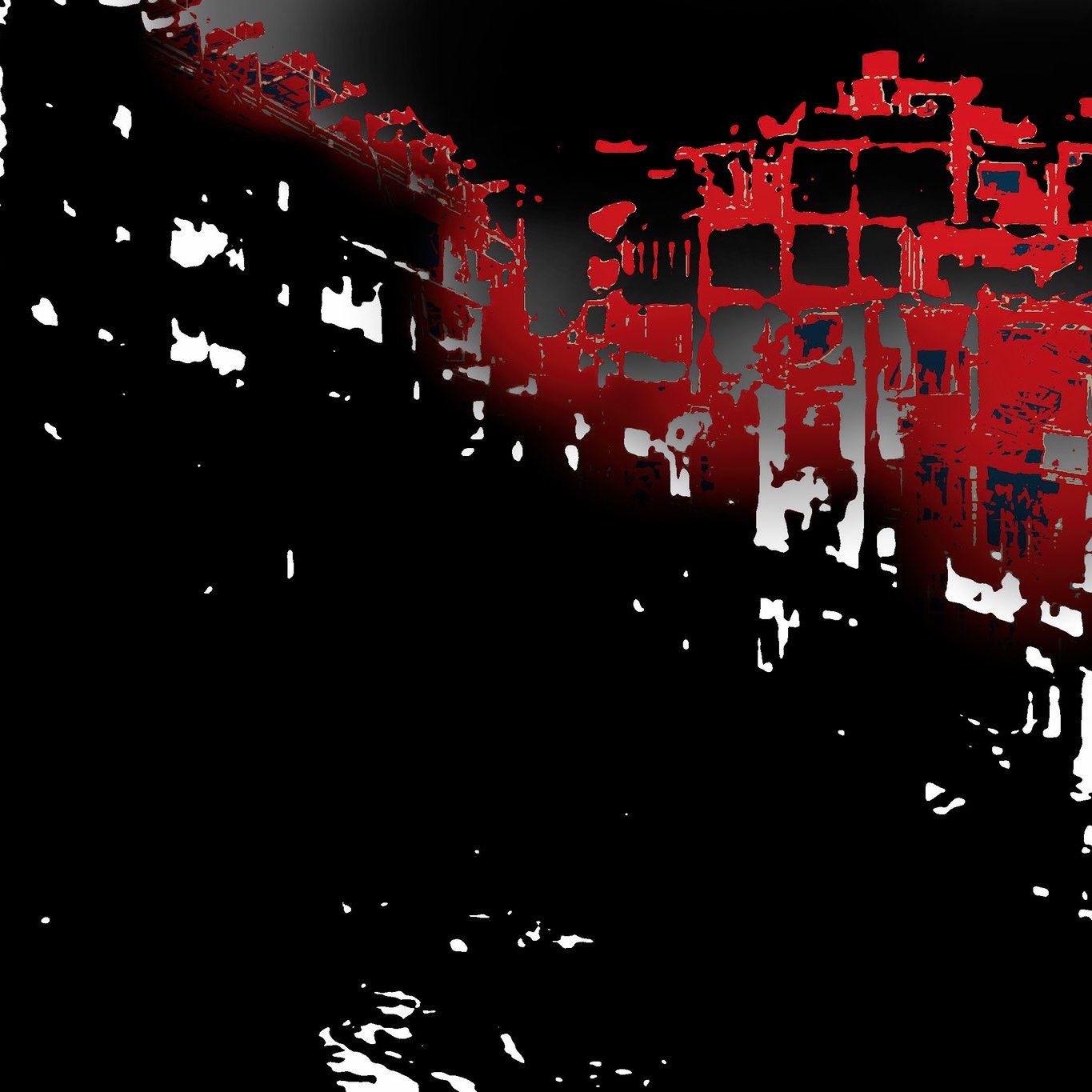 L'image présente un paysage urbain stylisé avec des bâtiments dont les contours sont accentués en rouge. Le fond est principalement noir, créant un fort contraste. Cette utilisation des couleurs donne une ambiance dramatique et peut évoquer des thèmes d'intensité ou d'abandon. Les formes des bâtiments semblent déformées, ajoutant une dimension abstraite à la composition.