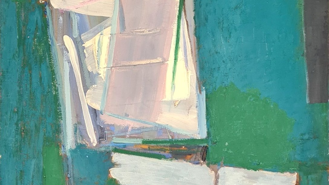 Une peinture abstraite avec des nuances de bleu et de vert, évoquant une fenêtre et des draps.