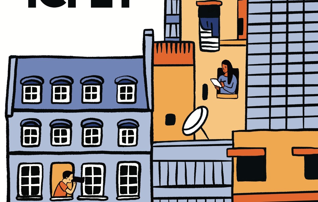 L'image présente une illustration colorée représentant des bâtiments de différentes formes et couleurs. Au centre, on peut voir des fenêtres avec des personnages à l'intérieur, certains lisent ou regardent, tandis que d'autres semblent se divertir. En haut de l'image, le texte "2023 ORIENT XXI FÊTE SES 10 ANS !" est affiché, soulignant un événement spécial. Les mots "ICI ET AILLEURS" sont en grandes lettres, ajoutant une dimension de connexion entre les lieux. L'ensemble évoque une atmosphère de célébration et de communauté.