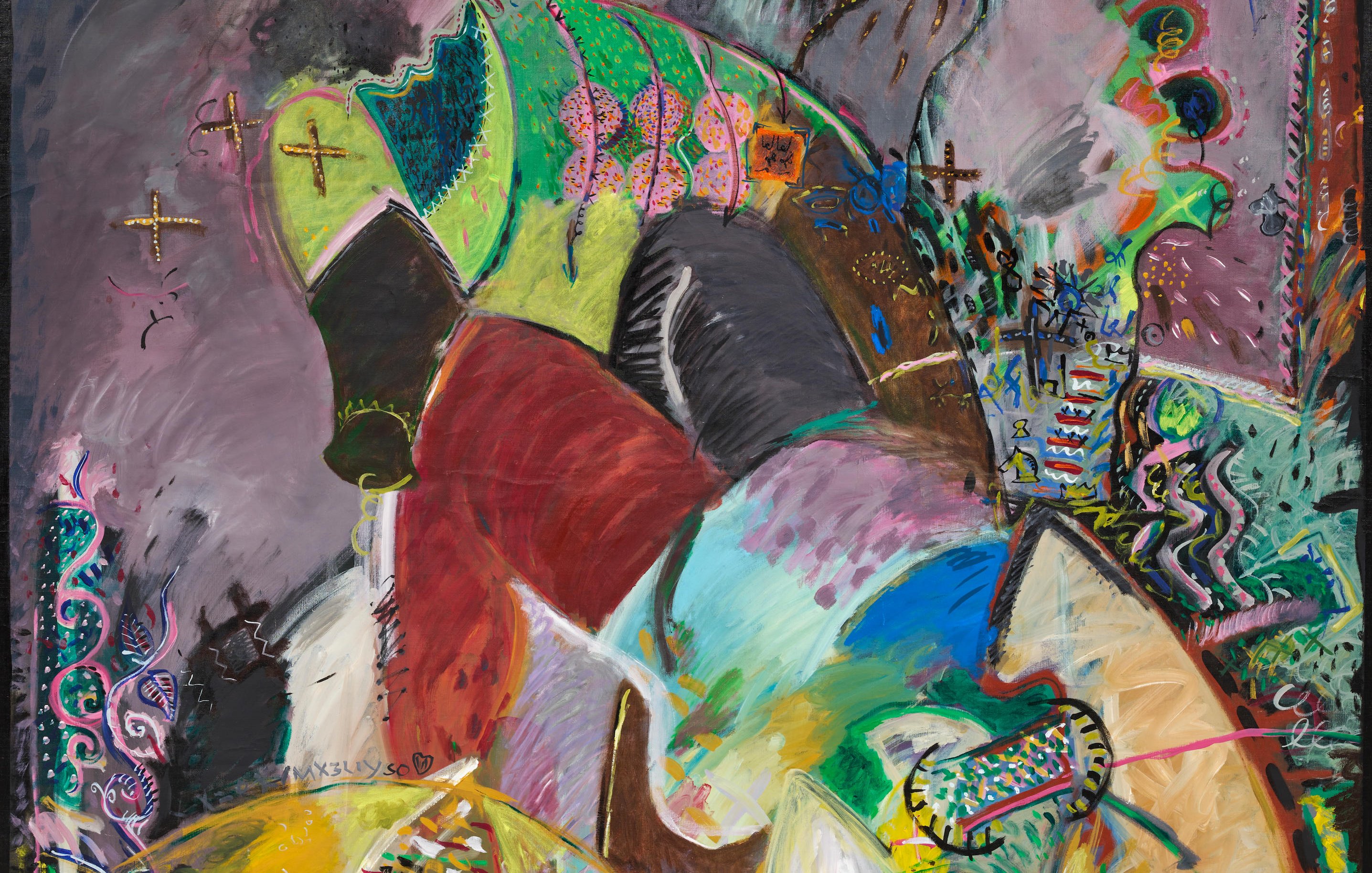 Cette image représente une œuvre d'art abstraite, remplie de couleurs vives et de motifs intrigants. On peut discerner des formes humaines stylisées se mêlant à des éléments géométriques et organiques. Les couleurs éclatantes, notamment des teintes de vert, de rose, et de bleu, créent une atmosphère dynamique et énergique. Les lignes et les textures ajoutent de la profondeur à la composition, évoquant une sensation de mouvement et d'émotion. L'ensemble est très expressif, invitant le spectateur à interpréter les formes et les couleurs de manière personnelle.