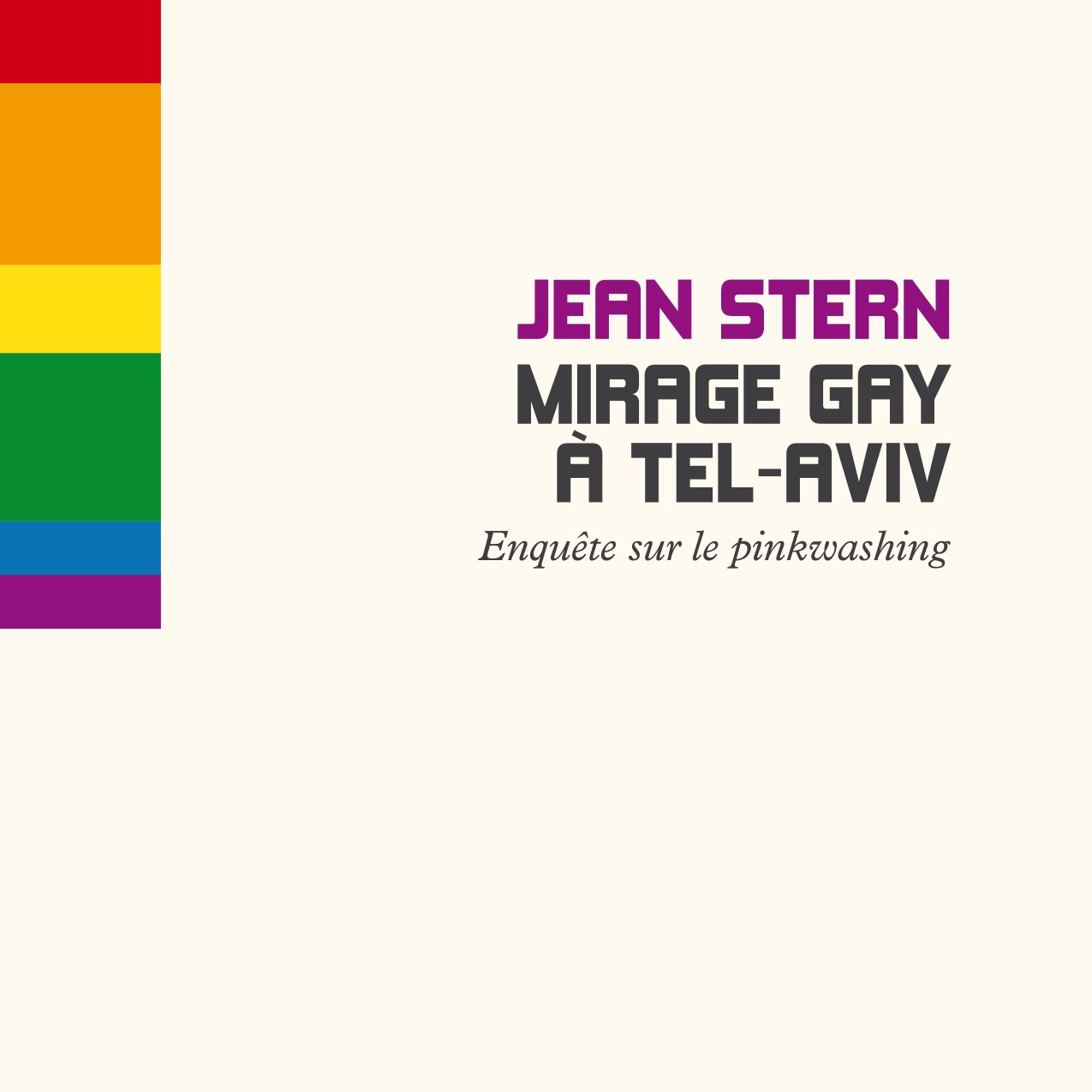 Couverture de livre : titre en haut, drapeau arc-en-ciel sur le côté, fond clair.