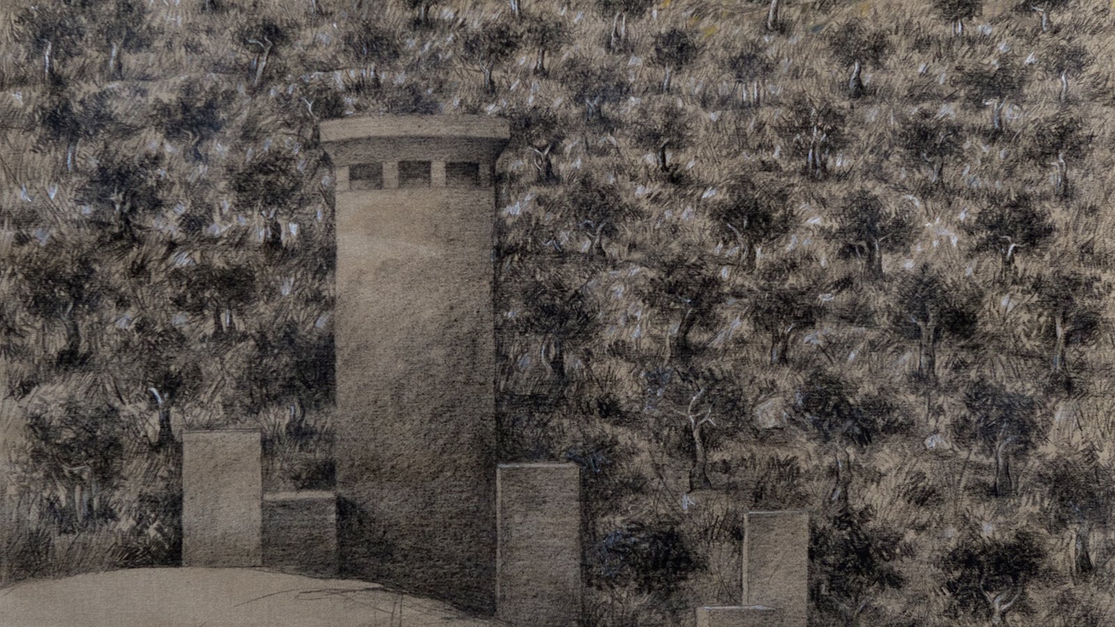 L'image représente un paysage en granit avec un contraste marqué entre une zone sombre et une autre lumineuse. Au premier plan, on voit une tour de pierre grise, entourée de plusieurs colonnes, qui semblent partiellement enfouies dans le sol. À l'arrière-plan, une vaste étendue d'arbres apparaît, dessiné avec des teintes vibrantes de jaune et de vert, créant une sensation de profondeur. L'ensemble évoque une atmosphère de mystère, avec une juxtaposition entre la structure rigide et la nature environnante.