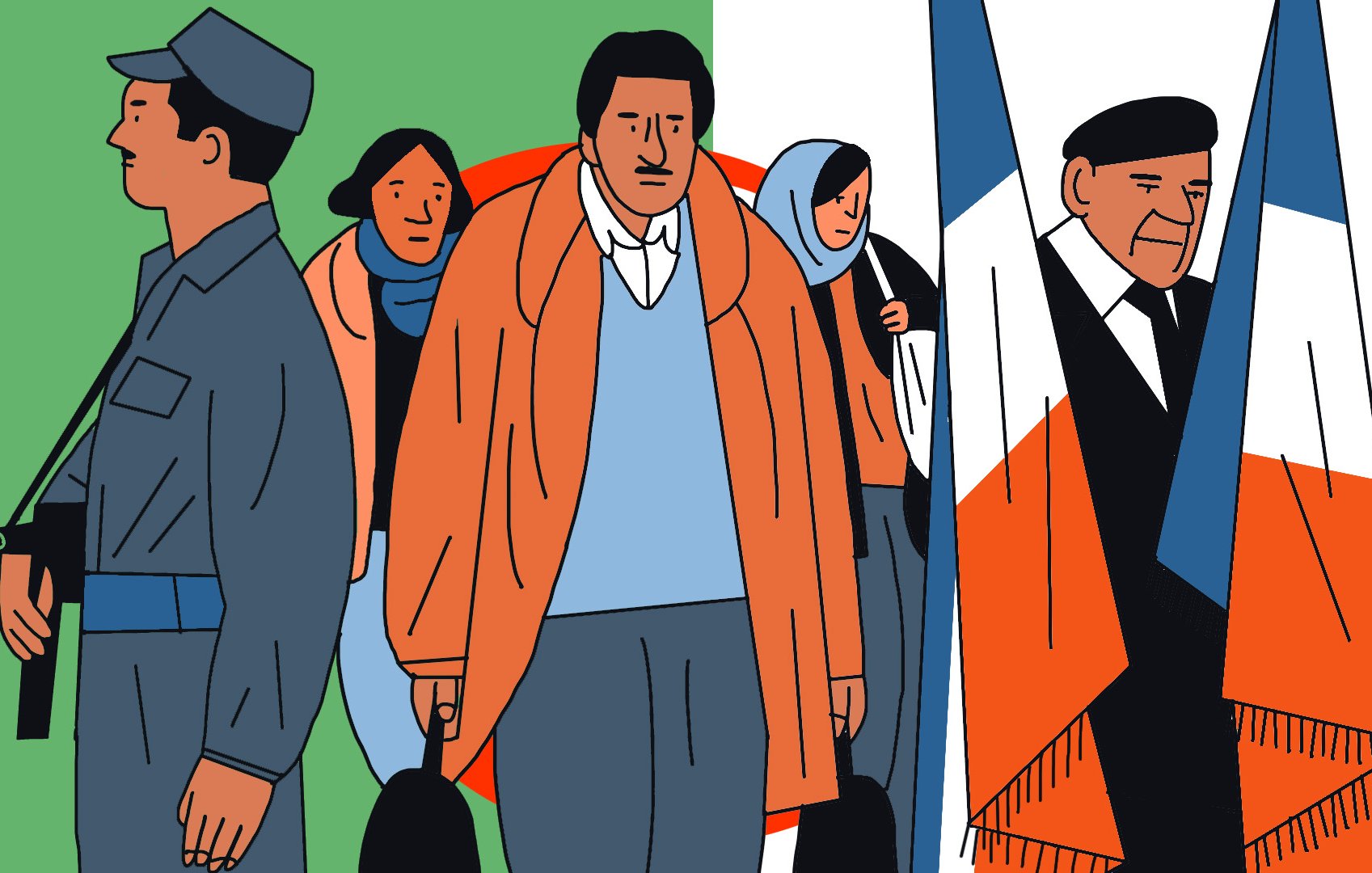 L'image présente un groupe de personnes illustrées dans un style graphique. On peut voir un soldat en uniforme portant une arme, une femme avec un foulard, et un homme habillé d'un manteau orange qui semble pensif. À droite, un homme souriant est vêtu d'un costume et tient des drapeaux. L'arrière-plan est divisé en couleurs vives : vert, orange et blanc. L'ensemble donne une impression de contrastes sociaux et culturels.