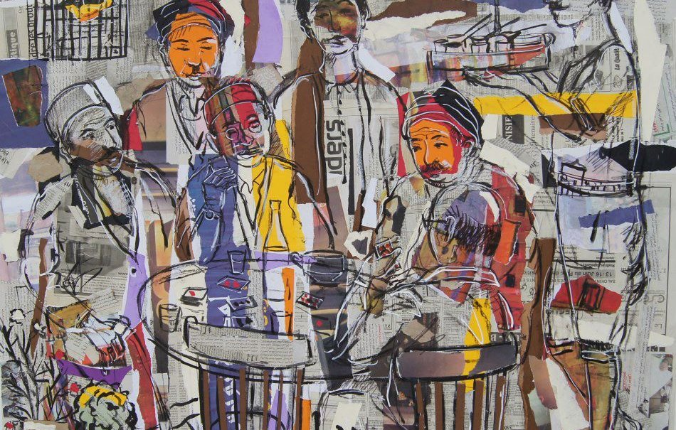 L'image représente un groupe de personnes rassemblées autour d'une table, créant une ambiance conviviale et animée. Les personnages sont illustrés dans un style artistique, avec des traits expressifs et des couleurs vives. Le fond est constitué de coupures de journaux, ajoutant une texture intéressante à la composition. Certains personnages semblent engagés dans une conversation, tandis que d'autres observent. Cette œuvre transmet une sensation de communauté et de vie quotidienne.