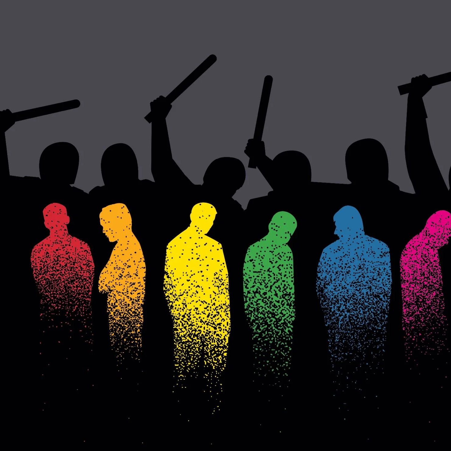 L'image représente une scène avec des silhouettes humaines. À l'arrière-plan, plusieurs figures se tiennent en position haute, brandissant des bâtons, semblant agressives. Au premier plan, il y a un groupe de silhouettes en couleurs dégradées, allant du jaune à l'orange, puis au bleu et au rose. Ces contrastes de couleurs suggèrent une représentation dynamique et visuellement frappante. La composition évoque des thèmes de tension, de conflit ou de résistance. Le fond est sombre, ce qui accentue les silhouettes colorées.