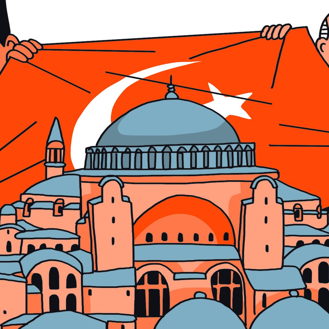 L'image montre deux personnages tenant un grand drapeau turc qui recouvre partiellement une célèbre structure architecturale. Au premier plan, on peut voir la basilique Sainte-Sophie, identifiable par sa grande coupole et ses minarets. Les personnages semblent symboliser un moment important lié à l'histoire ou la culture de la Turquie. Les couleurs sont vives, avec des tons d'orange et de bleu, ce qui donne une ambiance graphique et stylisée à l'ensemble.